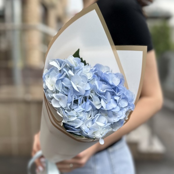 Букет с голубой гортензией в упаковке