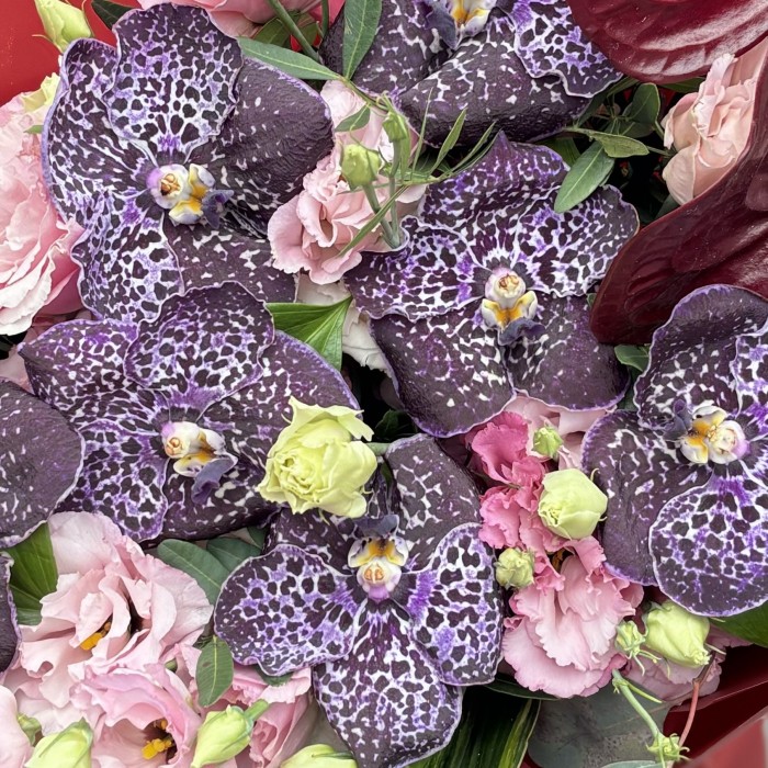 Букет с орхидеями и красным антуриумом