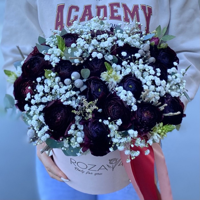 Черные ранункулюсы с гипсофилой в коробке