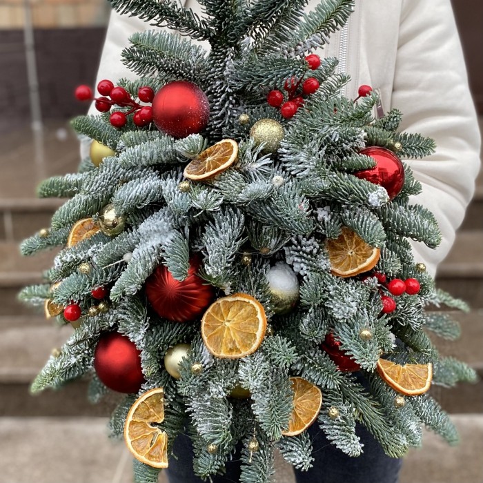 Елка с красным декором и цитрусами