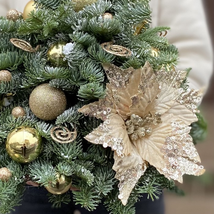 Елка с золотым декором и пуансетией