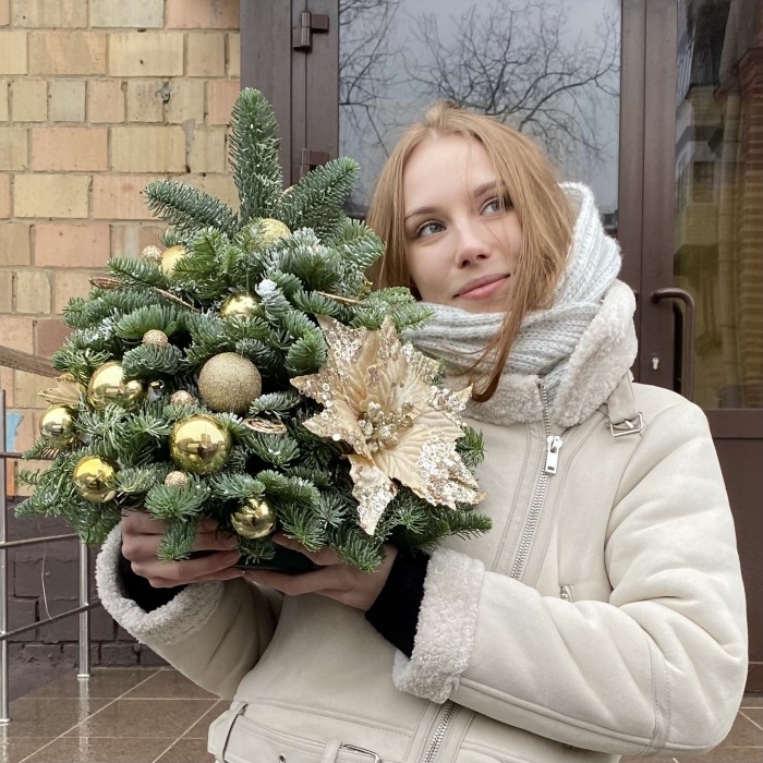 Елка с золотым декором и пуансетией