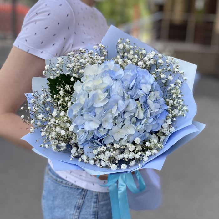 Голубая гортензия с гипсофилой