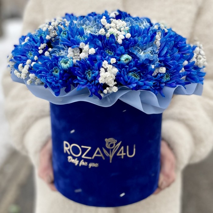 Композиция в коробке с синей хризантемой и гвоздикой