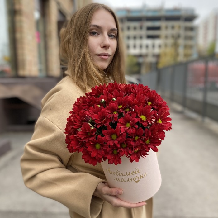 Коробка с бордовыми хризантемами Любимой Мамочке