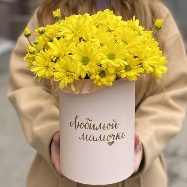 Коробка с желтыми хризантемами Любимой Мамочке