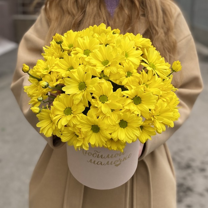 Коробка с желтыми хризантемами Любимой Мамочке