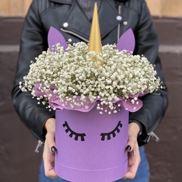 Коробка Единорог с белой гипсофилой