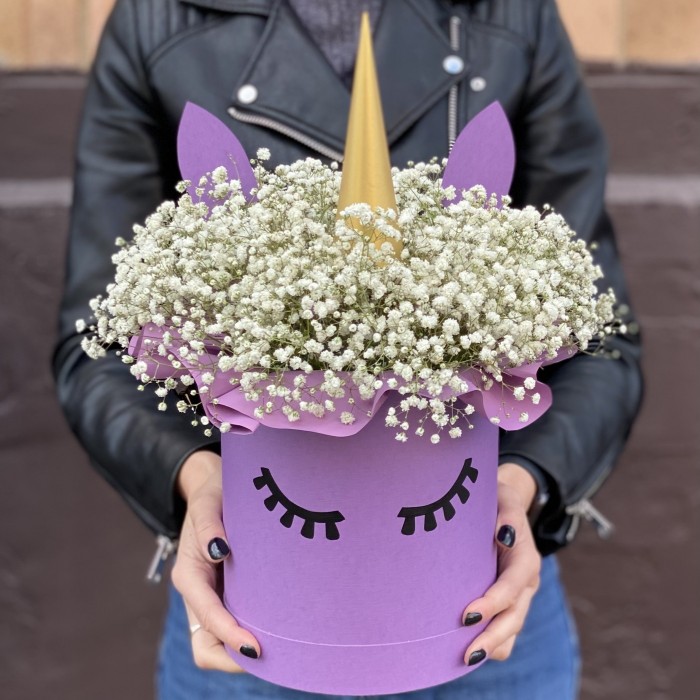 Коробка Единорог с белой гипсофилой