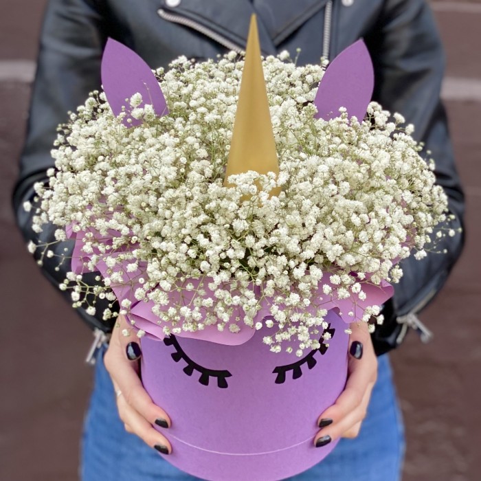 Коробка Единорог с белой гипсофилой