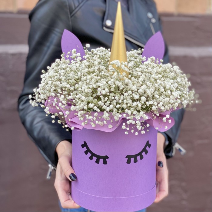 Коробка Единорог с белой гипсофилой