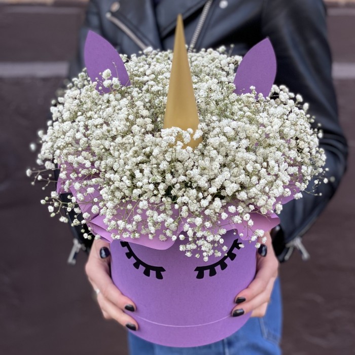 Коробка Единорог с белой гипсофилой