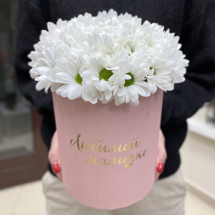 Коробка с белыми хризантемами Любимой Мамочке