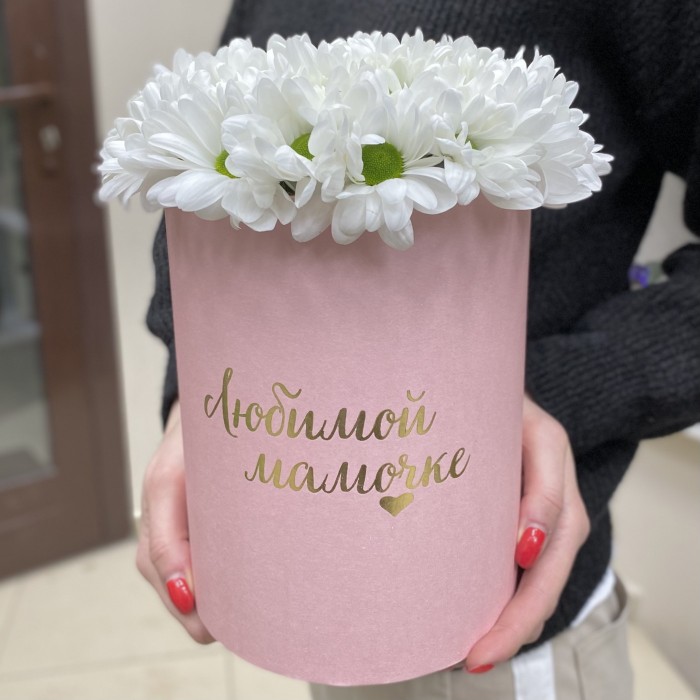 Коробка с белыми хризантемами Любимой Мамочке