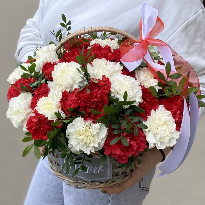 Красная и белая гвоздика в корзине