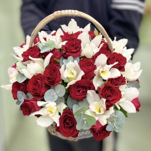 Красная роза с белой орхидеей в корзине