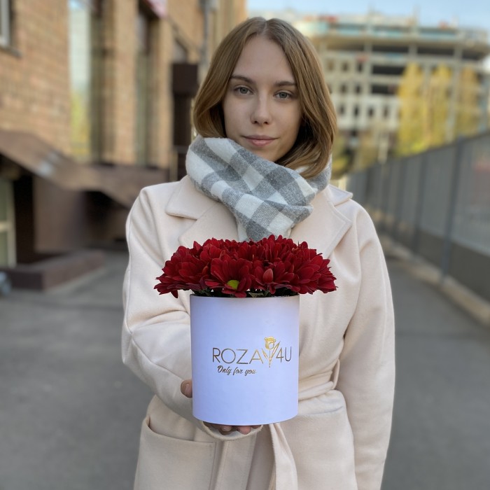 Красные кустовые хризантемы в коробке
