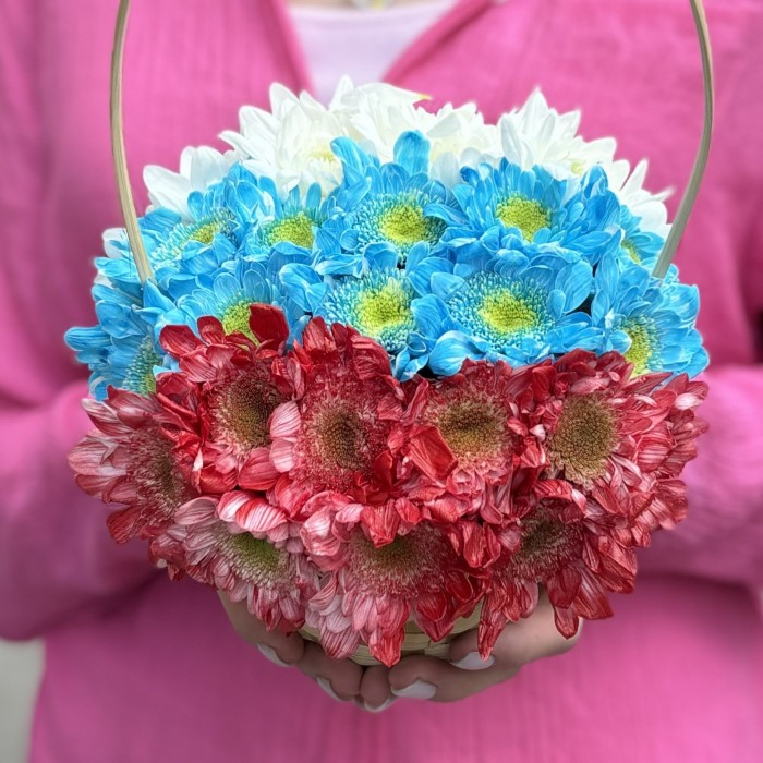 Кустовая хризантема Балтика в корзине Триколор