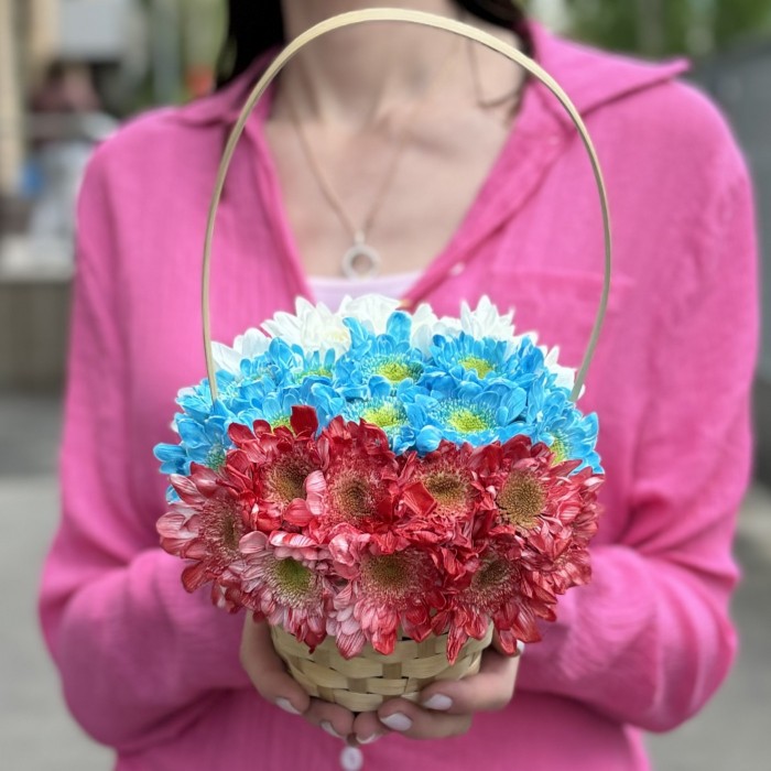Кустовая хризантема Балтика в корзине Триколор