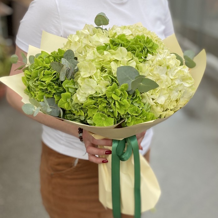 Микс из 7 зеленых гортензий с эвкалиптом