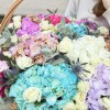 Микс гортензий и роз в корзине