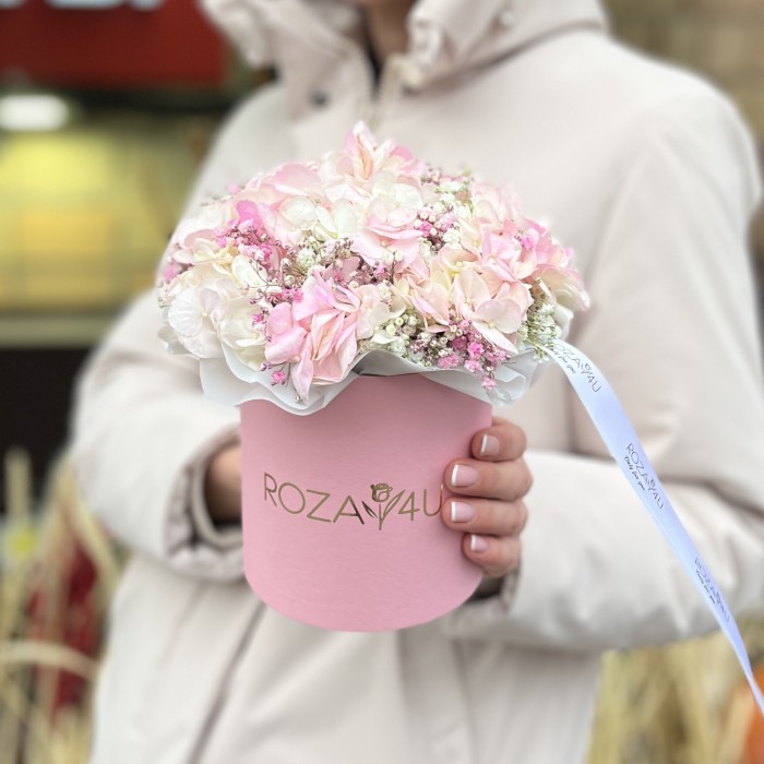 Нежная гипсофила с гортензией в коробке