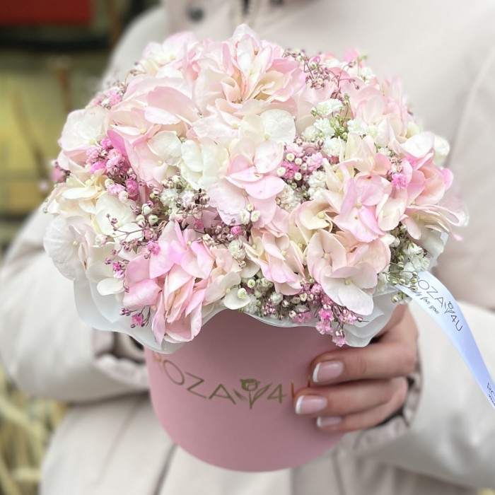 Нежная гипсофила с гортензией в коробке