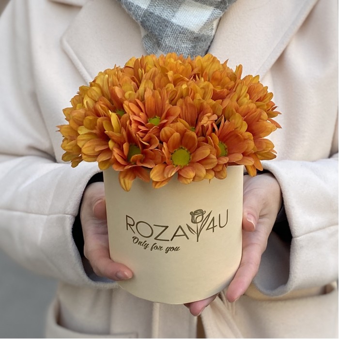 Оранжевые кустовые хризантемы в коробке