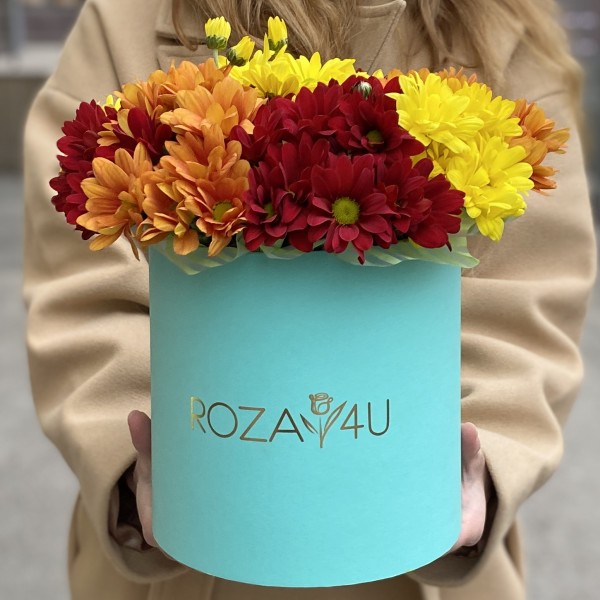 Осенний Микс из кустовых хризантем в коробке