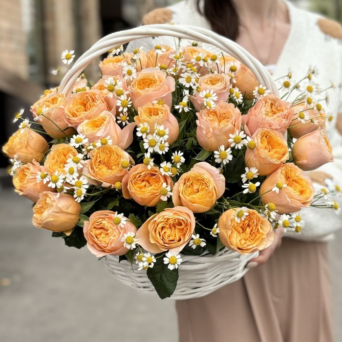 Пионовидная роза Имэджин с ромашкой в корзине