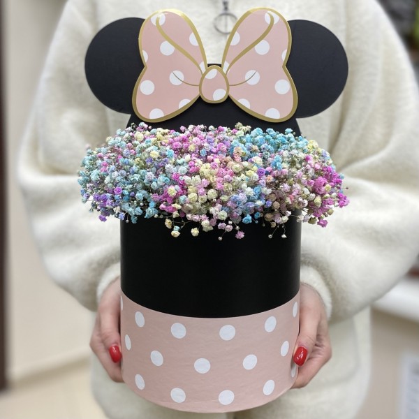 Радужная гипсофила в коробке Микки Маус