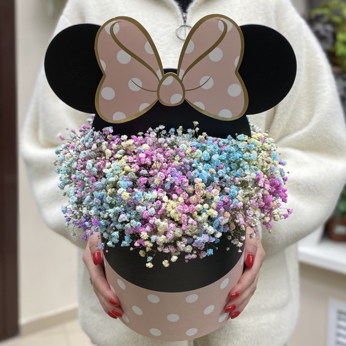 Радужная гипсофила в коробке Микки Маус