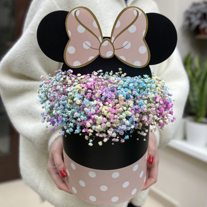 Радужная гипсофила в коробке Микки Маус