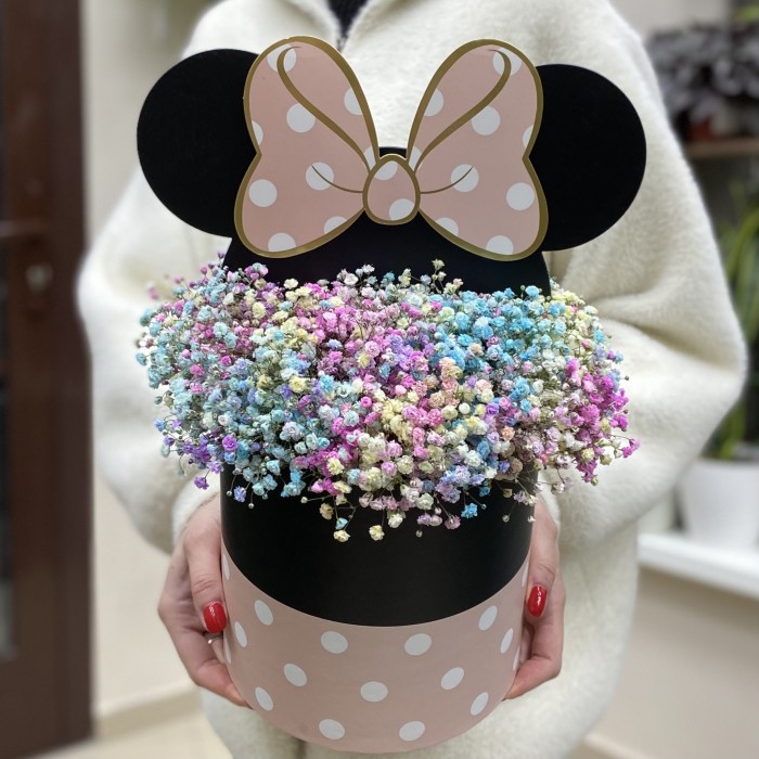 Радужная гипсофила в коробке Микки Маус