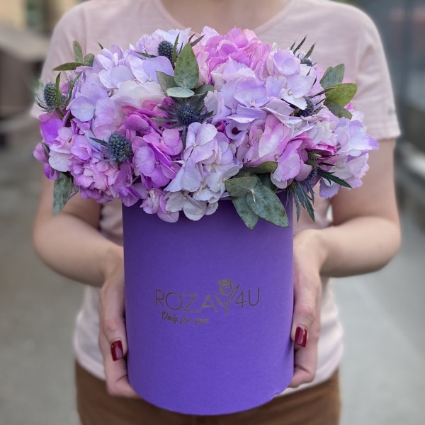 Радужная гортензия с эрингиумом в коробке