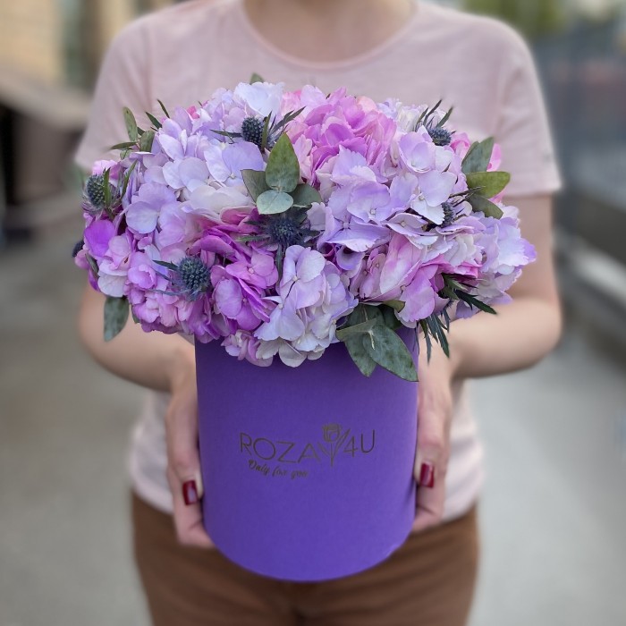 Радужная гортензия с эрингиумом в коробке