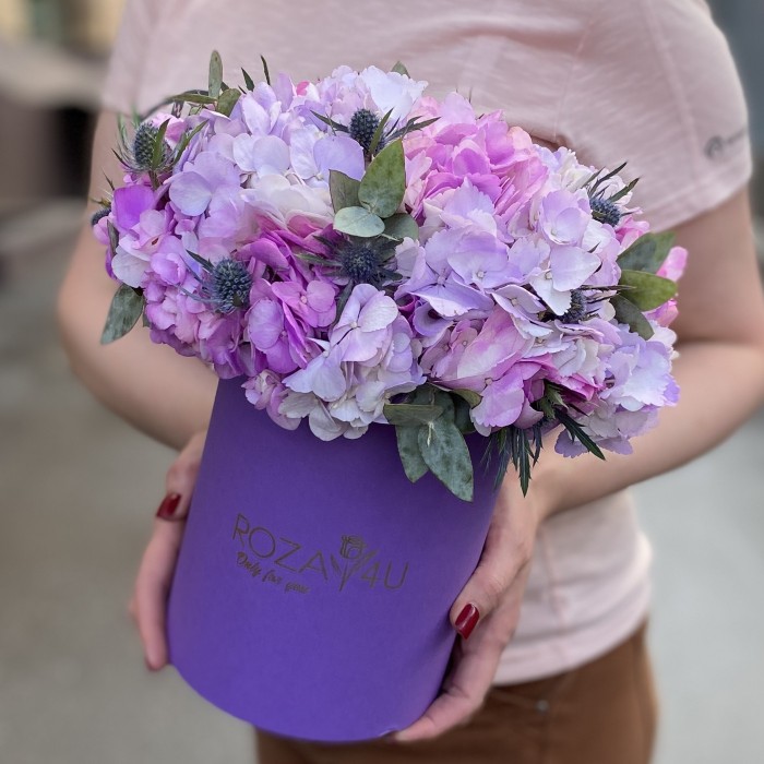 Радужная гортензия с эрингиумом в коробке