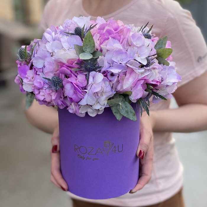 Радужная гортензия с эрингиумом в коробке