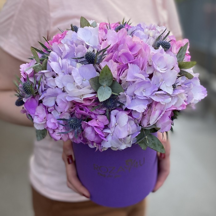 Радужная гортензия с эрингиумом в коробке