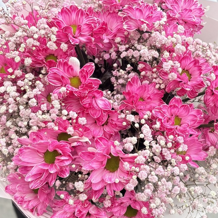 Розовый букет с гипсофилой и кустовой хризантемой