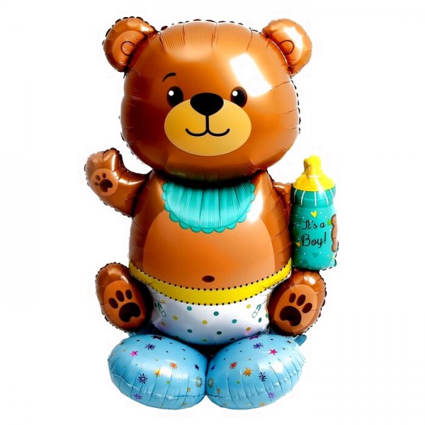 Шар Фигура Мишка с бутылкой на подставке голубой