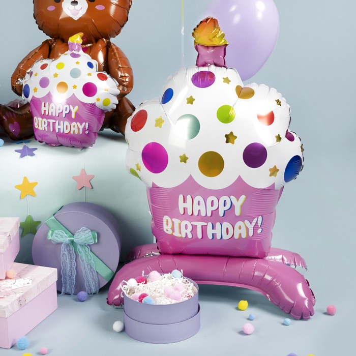 Шар Фигура на подставке Кекс на День Рождения, Розовый