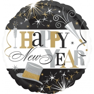 Шар Круг Happy New Year Черный с Белым