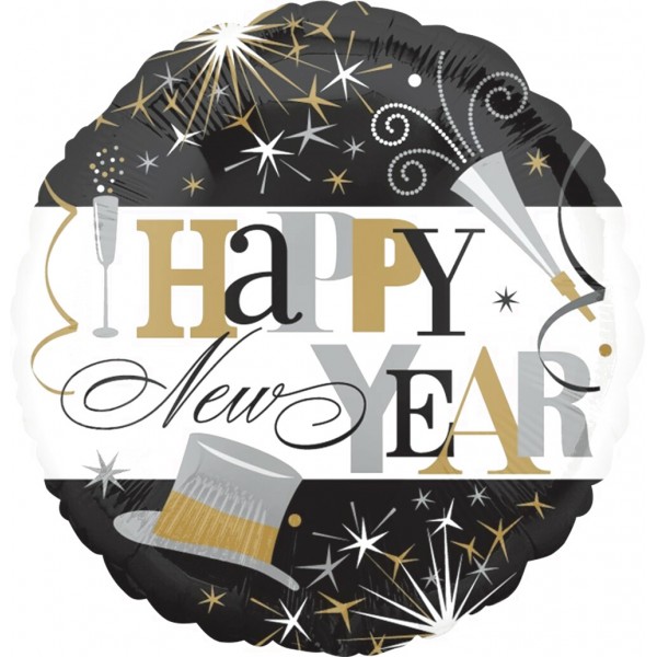 Шар Круг Happy New Year Черный с Белым