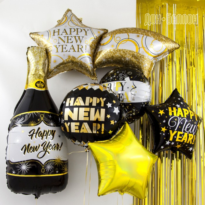 Шар Круг Happy New Year Черный с Белым