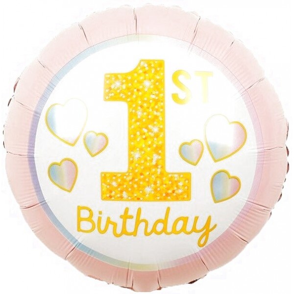 Шар круг, 1-ый День Рождения Девочки радужные сердечки, розовый