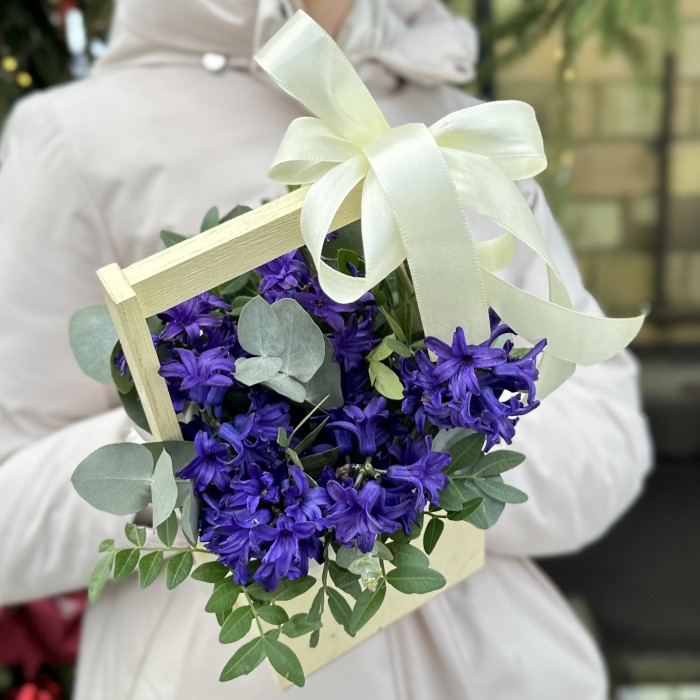 Синие гиацинты в деревянном ящике