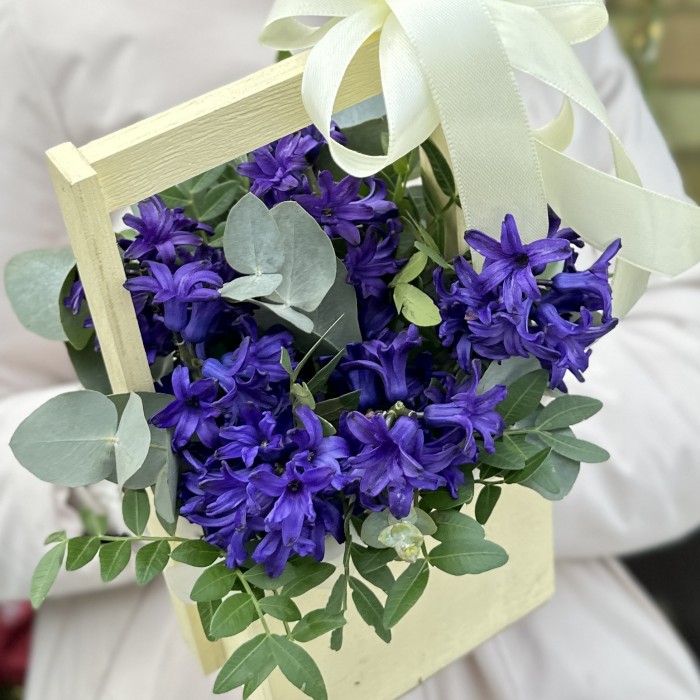 Синие гиацинты в деревянном ящике