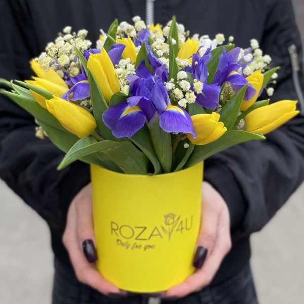 Синие ирисы с тюльпанами в коробке