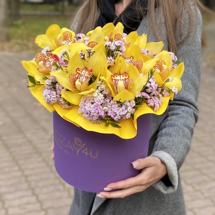 Яркие желтые орхидеи в коробке